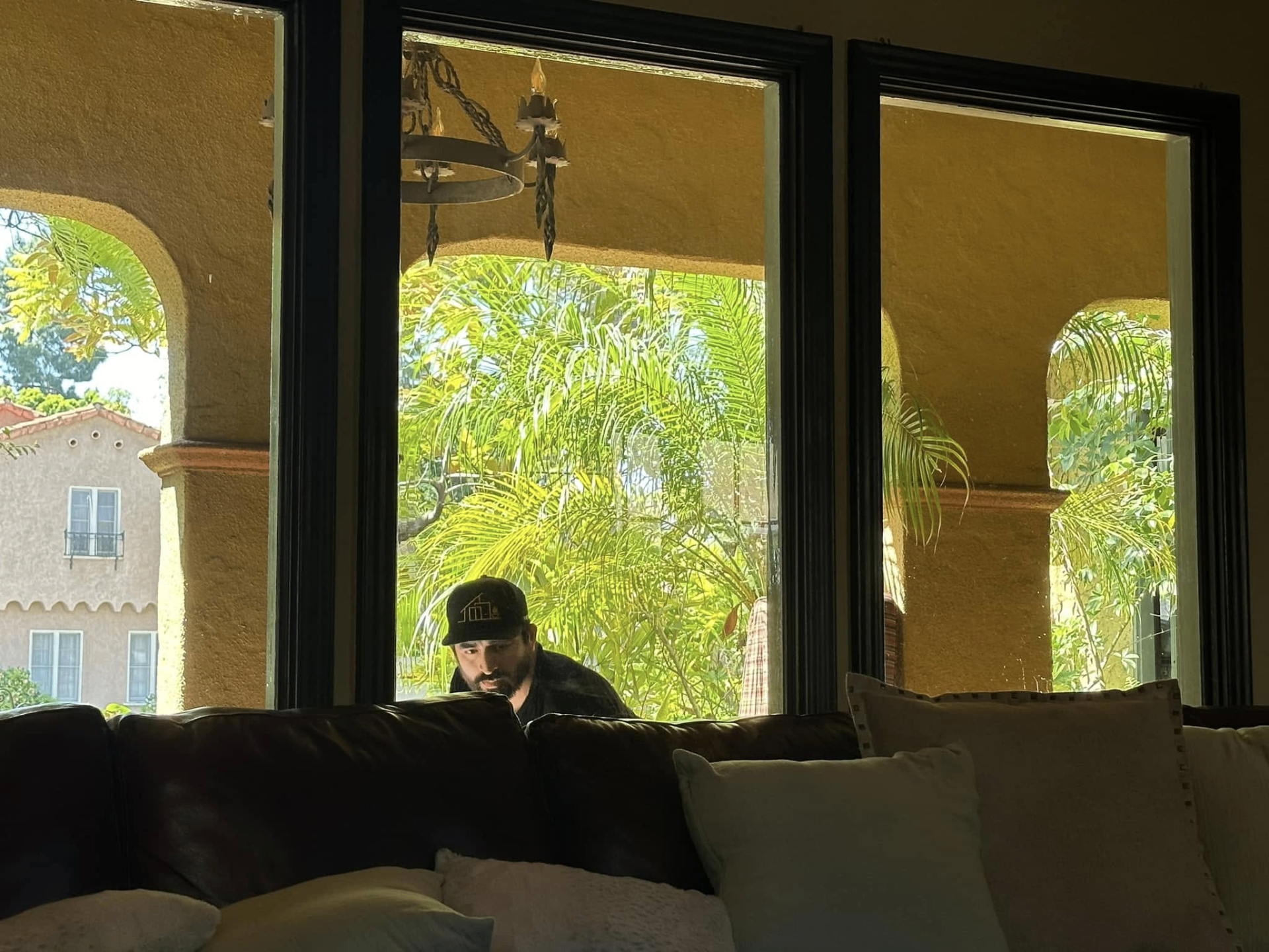 Close-up of detailed window cleaning work